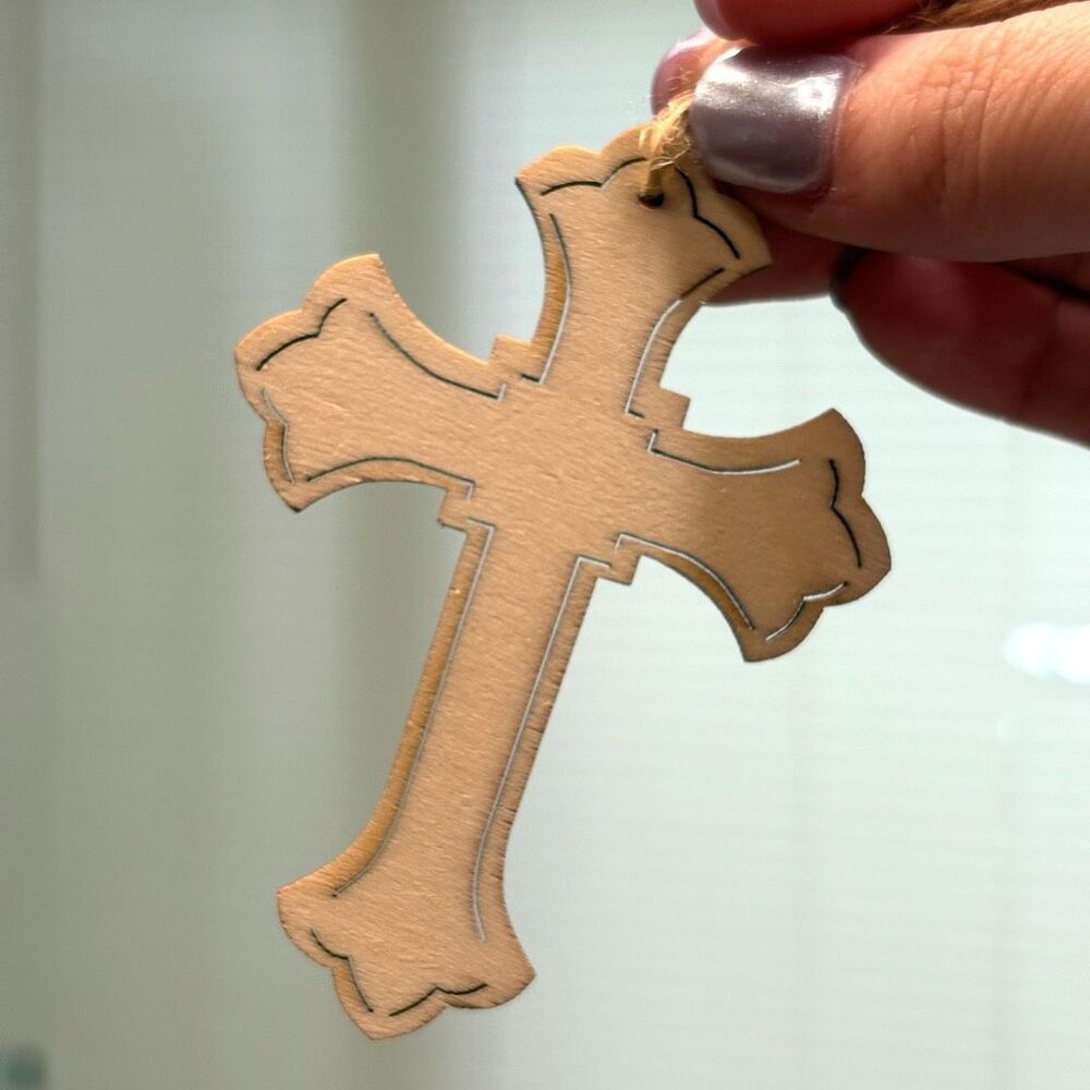 Unfinished Wooden Laser Cut Cross Ornament with String Christmas Tree Craft
